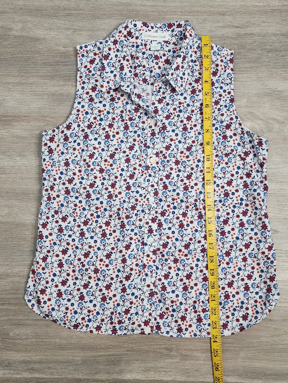 Coldwater Creek Floral Sleeveless Button Down Shirt Cotton Red Blue Women's PS